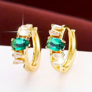 14K Gold Womens 2ct Green Emerald Gemstone 1ct Diamond Small Hoop Earrings NEW